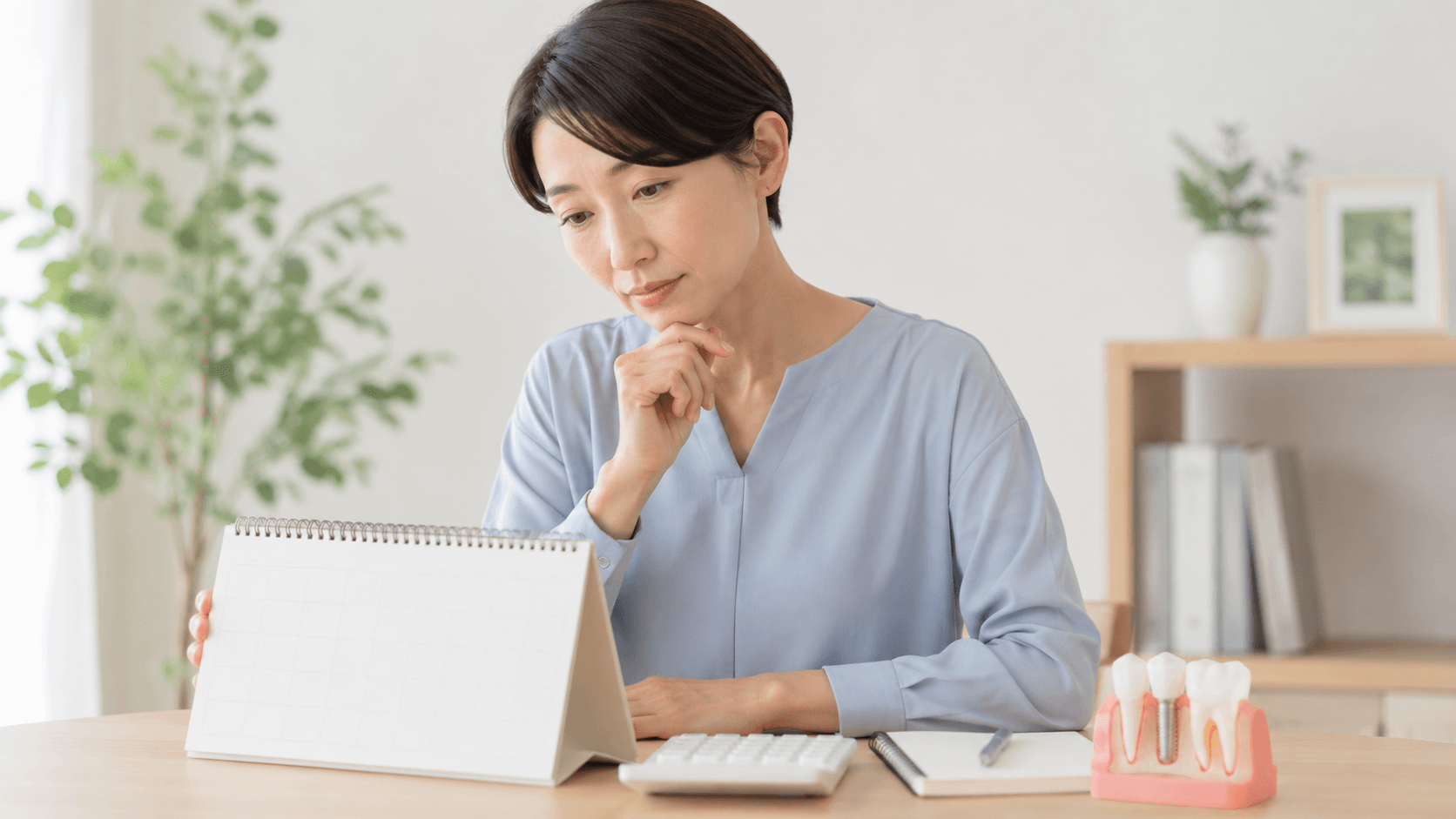 インプラント治療の予定や負担について考える女性